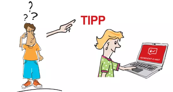 Grafik: Ein Mann mit Fragezeichen und eine Frau informiert sich am PC.