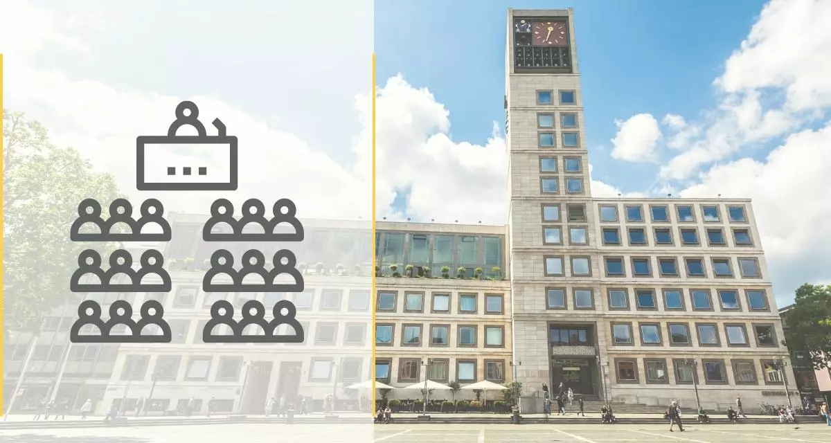Symbolfoto Gemeinderat, Rathaus in Stuttgart, Grafik: LpB BW via Canva.