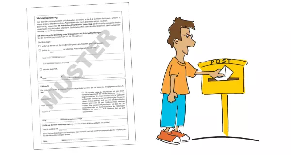 Grafik: Wahl•benachrichtigung. Mann wirft einen Antrag für einen Wahl•schein in den Briefkasten.