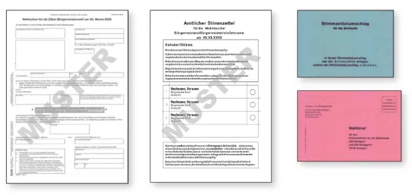 Grafik: Die 4 Wahlunterlagen: Wahlschein, Stimmzettel, blauer und roter Umschlag.