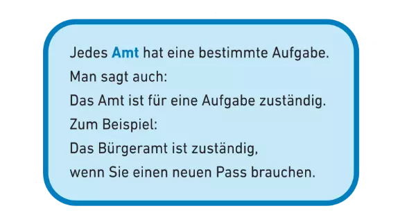 In diesem blauen Kasten erklären wir das Wort Amt: Jedes Amt hat eine bestimmte Aufgabe. Man sagt auch: Das Amt ist für eine Aufgabe zuständig. Zum Beispiel: Das Bürgeramt ist zuständig, wenn Sie einen neuen Pass brauchen.