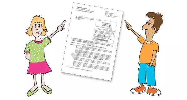 Grafik: Menschen zeigen auf eine Wahl•benachrichtigung. 