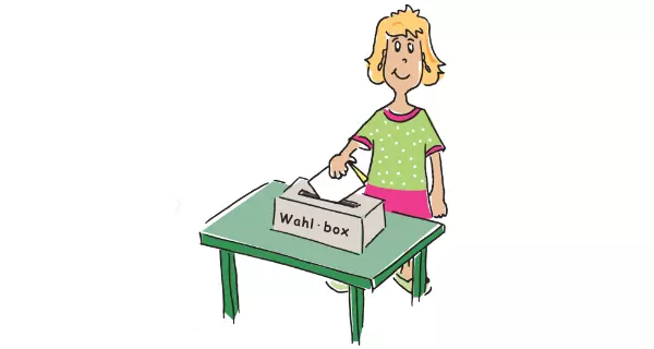 Grafik: Frau wirft ihren Stimm•zettel in die Wahl•box.