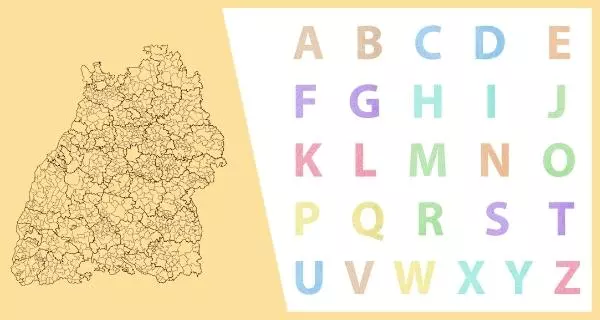 Symbolfoto: Kommunalpolitik von A bis Z. Umrisse der Gemeinden und Landkreise in Baden-Württemberg. Vorlage Karte: wikimedia.org/TUBS, CC BY-SA 3.0. Grafik: LpB BW via Canva.