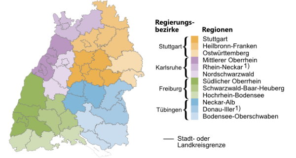Die Verwaltungsgliederung in Baden-Württemberg. Karte: © Statistisches Landesamt Baden-Württemberg, Stuttgart 2020. © Kartengrundlage GfK GeoMarketing GmbH. Karte erstellt mit RegioGraph 2019.